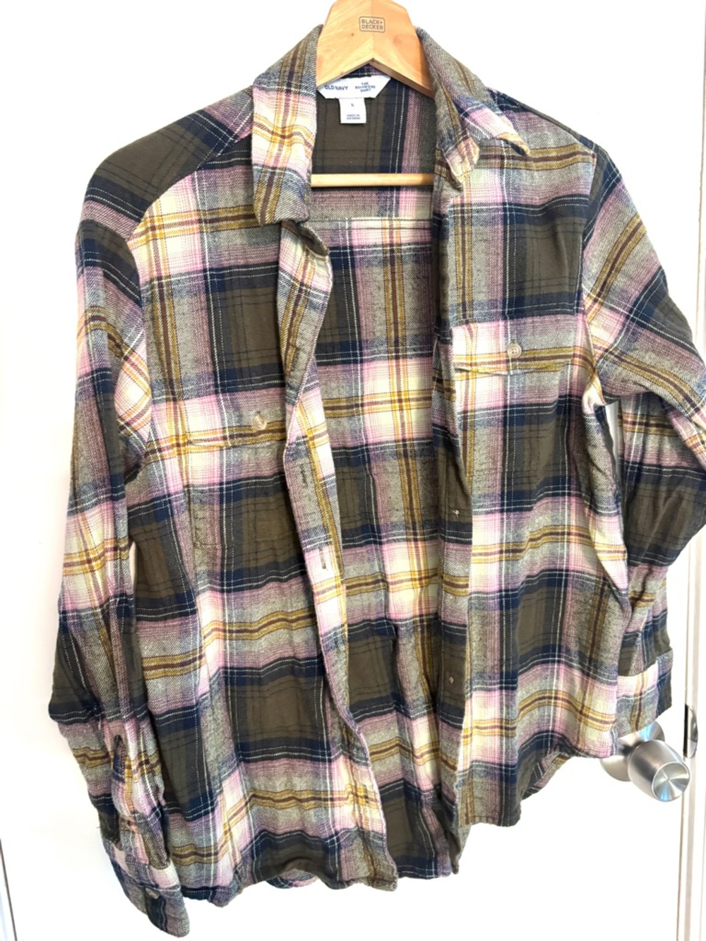 Old Navy Olive, Pink & Navy Plaid Button-Down Shirt